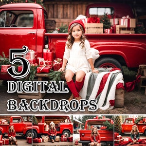 Christmas Red Pickup Truck Digital Background. Christmas Digital Backdrop for Photography. Cozy Vintage. Rustic. Instant download.