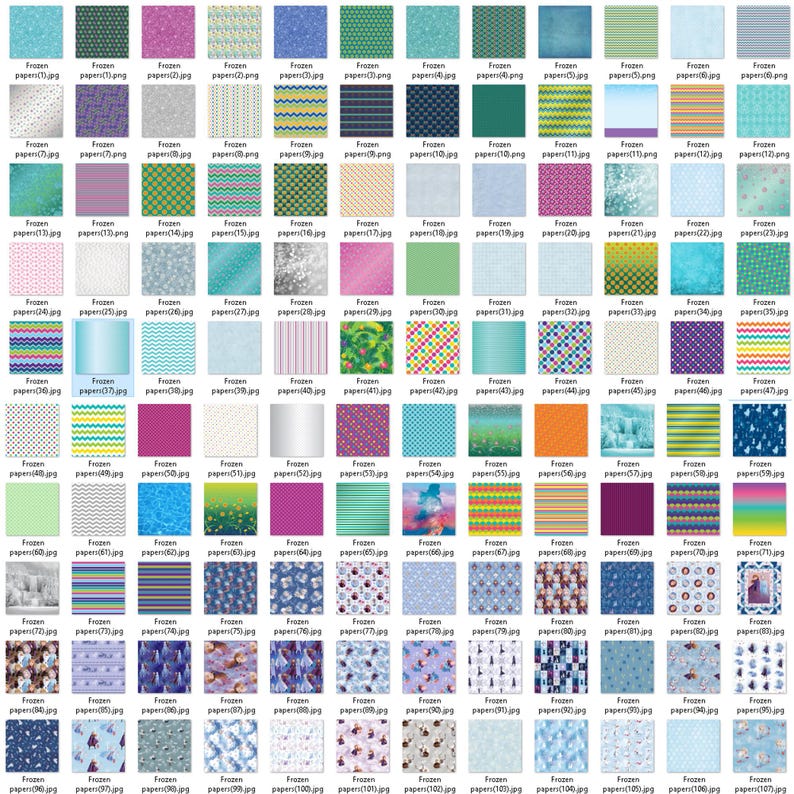 May include: A collection of 100 digital paper designs featuring various patterns inspired by the movie Frozen. The patterns include snowflakes, geometric shapes, stripes, and more. The papers are perfect for scrapbooking, card making, and other crafting projects.