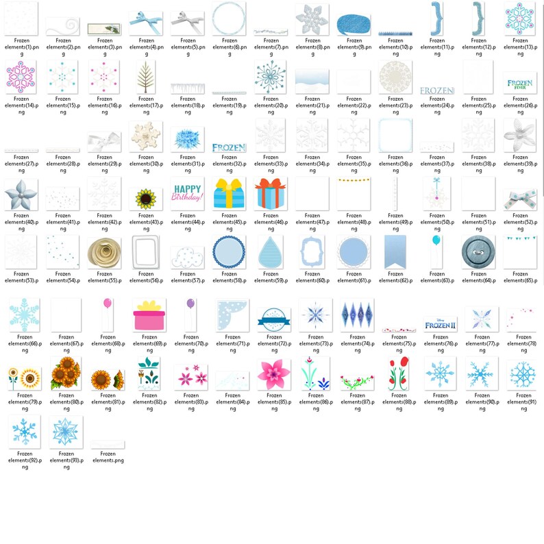 May include: A collection of digital clipart images featuring a variety of winter and birthday themes. The images include snowflakes, a snowman, a birthday cake, a gift box, and a banner that says "Happy Birthday!" The images are in a variety of colors, including blue, white, pink, and green.