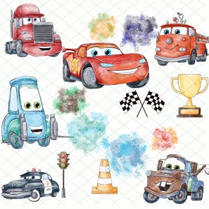 May include: Watercolor illustration of various cartoon vehicles, including a red semi-truck, a red race car with the number 95, a blue tow truck, a red fire truck, a black police car, and a brown tow truck. Also included are a gold trophy, checkered flags, a traffic cone, and a traffic light.
