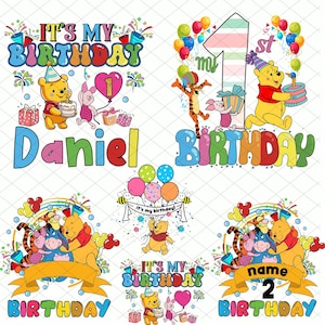 Pooh Birthday PNG Bundle | 6 Cute Winnie the Pooh Designs | 1st Birthday Girl, Party Shirt & Poster Clipart, Winnie the Pooh Birthday Pack