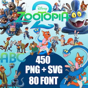 以下が含まれることがあります： ディズニー映画「ズートピア」のキャラクターが登場するデジタルグラフィック。映画のタイトル、さまざまなキャラクター、そして「450 PNG + SVG 80 FONT」というテキストが青色の背景に表示されています。
