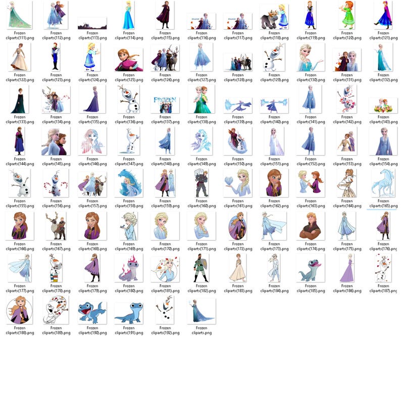 May include: A collection of digital clipart images featuring characters from the animated film Frozen. The images include Elsa, Anna, Olaf, Kristoff, Sven, and other characters from the movie. The images are in various poses and expressions, and some include text from the film.