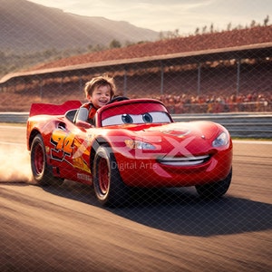 May include: A red Lightning McQueen race car, with the number 95, driven by a smiling child on a racetrack. The car has large eyes and a smiling mouth. The background includes a grandstand and a mountain range.