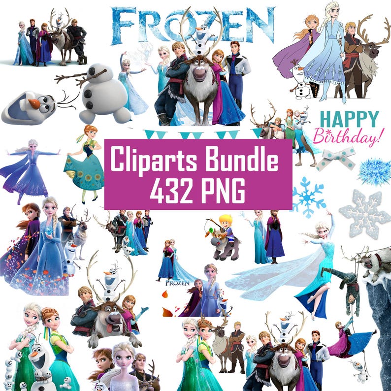 May include: A digital clipart bundle featuring characters and objects from the animated film Frozen. The bundle includes 432 PNG images, featuring characters like Elsa, Anna, Olaf, Kristoff, and Sven, as well as various objects like snowflakes, reindeer, and a castle.