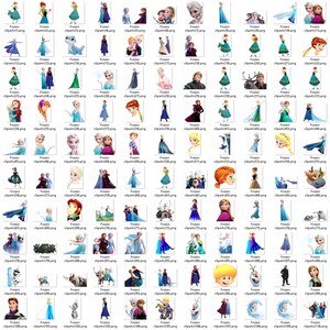 May include: A collection of 100 digital clipart images featuring characters from the animated film Frozen. The images include Elsa, Anna, Olaf, Kristoff, Sven, and other characters from the movie. The images are in various poses and expressions, and are suitable for use in crafts, scrapbooking, and other creative projects.
