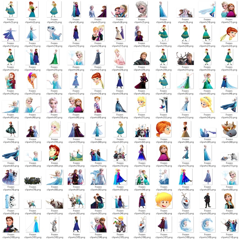 May include: A collection of 100 digital clipart images featuring characters from the animated film Frozen. The images include Elsa, Anna, Olaf, Kristoff, Sven, and other characters from the movie. The images are in various poses and expressions, and are suitable for use in crafts, scrapbooking, and other creative projects.
