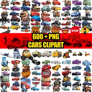 May include: A collection of various cartoon car illustrations in different colors and designs. The image includes the text "600+ PNG CARS CLIPART" and several logos, including "Route 66" and "Rust-eze".