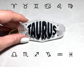 Zodiac Motel Keychain Custom Retro Name Tag Style Astrology Key Ring Gift for Her Friends or Yourself Vintage Retro Vinyl Accessory