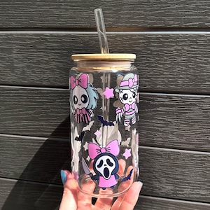 Halloween Cute Villain Glass Can with Bamboo Lid & Straw | Coquette Horror Movie Characters Cup | Spooky Aesthetic Cup for Iced Coffee