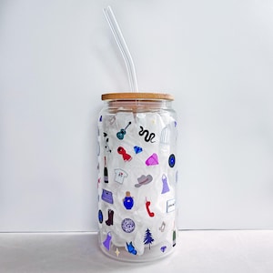 Eras Glass Cup | Taylor inspired Aesthetic Glass Can | 16oz Iced Coffee Cup with Bamboo Lid & Straw
