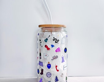Eras Glass Cup Taylor inspired Aesthetic Glass Can 16oz Iced Coffee Cup with Bamboo Lid & Straw TS Merch Fan Gift Reusable Ecofriendly
