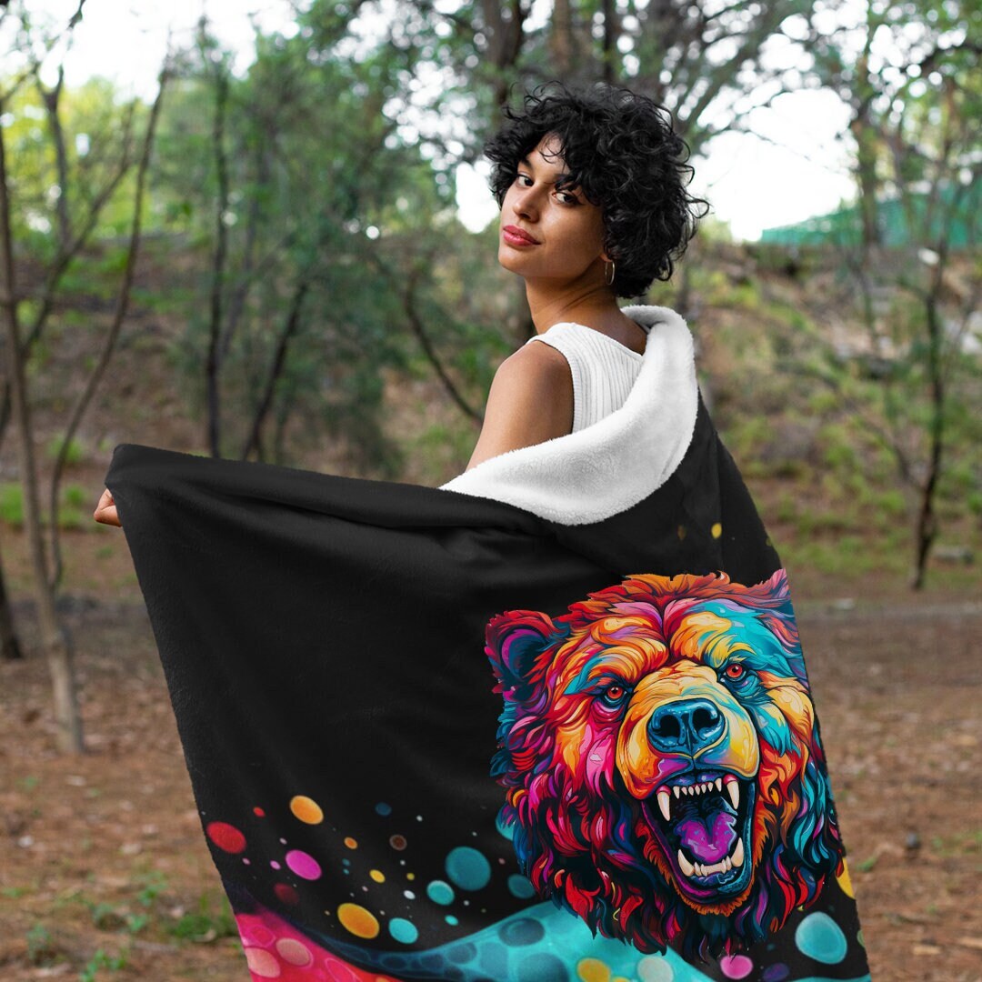 Fantasy Popart Grizzly Bear Hooded Blanket, Grizzley Spirit Animal Gift