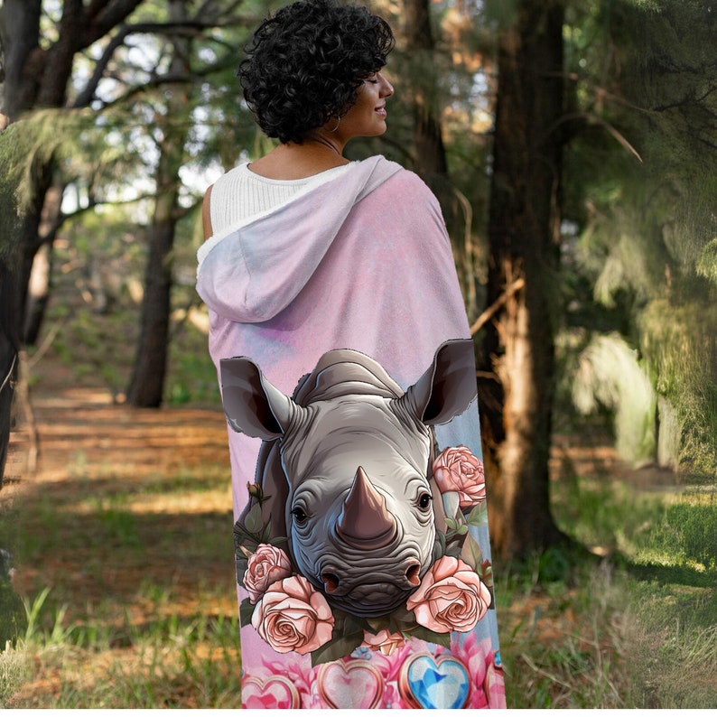 Rhino Princess Sherpa Lined Oversized 80x55 Hooded Blanket, Rhinoceros