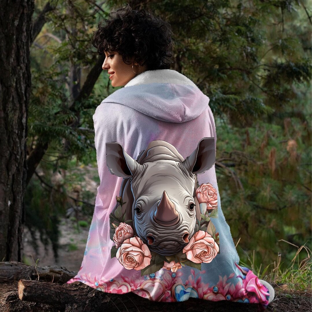 Rhino Princess Sherpa Lined Oversized 80x55 Hooded Blanket, Rhinoceros