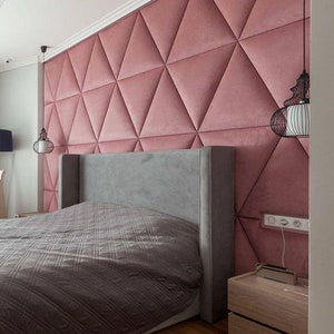 Triangles upholstered soft wall panels and padded boards (headboard panel), Upholstered head panel, veloured wall panel, sharp soft panels