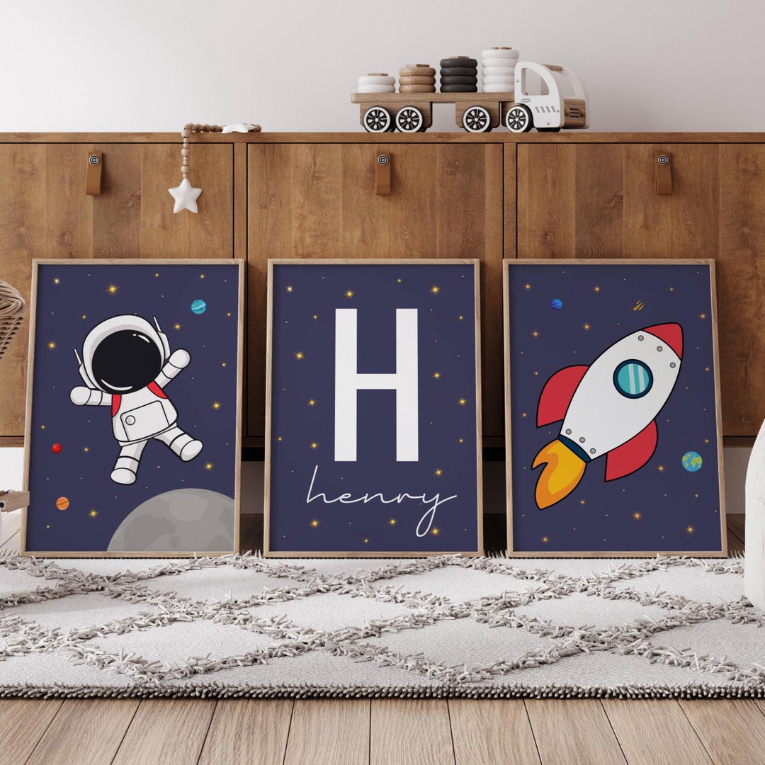 Space Nursery Wall Art Set: Astronaut Rocket Custom Name Prints ...