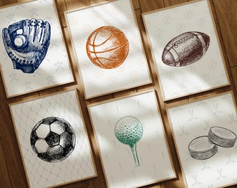 Sports Nursery Wall Art: Vintage Sketch Ball Prints Boys Room Set (Digital Download)