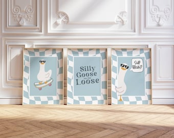 Silly Goose Skateboarding Wall Art Print Set: Blue Checkered (Multiple Sizes Digital Download)