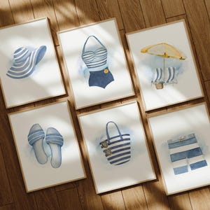 Coastal Gallery Wall Art Print Set: Blue and Yellow Vintage Watercolor High Resolution Digital Download
