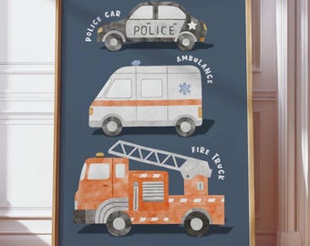 Emergency Vehicles Nursery Print: Fire Truck Police Car Ambulance Boys Room Decor (Digital Download)