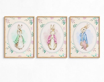 Bunny Nursery Wall Art Set: Vintage Storybook Rabbit Prints, Cottagecore Nursery Decor (Digital Download)