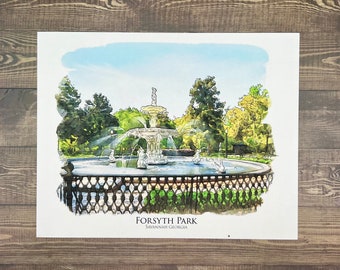 Forsyth Park Fountain Savannah Georgia watercolor painting giclée fine art print (framed or unframed)