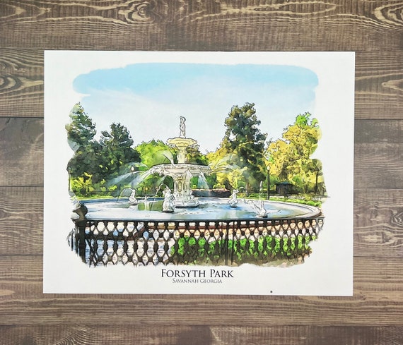 Forsyth Park Fountain Savannah Georgia watercolor painting giclée fine art print (framed or unframed)