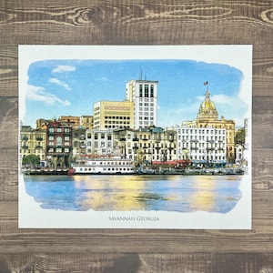Savannah Georgia Panoramic Riverfront watercolor painting giclée fine art print (framed or un-framed)