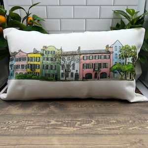Rainbow Row Charleston South Carolina (watercolor painting) printed on a 12&quot; x 20&quot; lumbar pillow