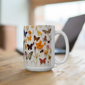 Pretty Butterflies and Flowers Mug 15oz - Ceramic Mug, Gift for Her, Pressed Flowers Print Mug