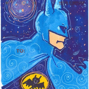 May include: A blue and black illustration of Batman with a yellow bat symbol on his chest. The background is a dark blue with white stars and swirls. The text "TO:" is written in white on the image.
