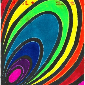 May include: A colorful abstract design with a rainbow of colors, including red, orange, yellow, green, blue, indigo, and violet. The design is made up of concentric circles that spiral inward. The design is on a white background.