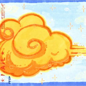 May include: A yellow and orange cartoon cloud with a swirl in the center and a tail of yellow and orange streaks. The cloud is on a blue and white background with white stars.