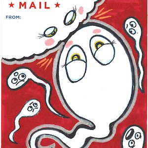 May include: A whimsical illustration on a Priority Mail label. The artwork features a large, cartoonish, white figure with large eyes and several smaller, sperm-like figures against a red background. The label includes the text "PRIORITY MAIL" and "UNITED STATES POSTAL SERVICE".