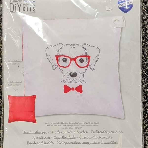 Vervaco Dog With Red Glasses Pillow Embroidery Kit