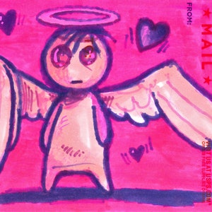 May include: A pink and purple cartoon angel with a halo, wings, and large eyes. The angel is drawn on a pink background with hearts and the text "PRIORITY MAIL" in red and black.