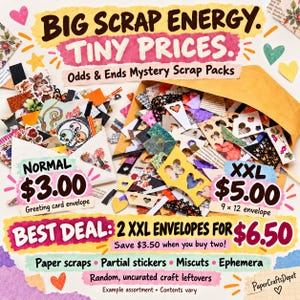 May include: A collection of mystery scrap packs featuring paper scraps, partial stickers, miscuts, and ephemera. The image displays a greeting card envelope and a 9x12 envelope filled with assorted paper pieces, with text including BIG SCRAP ENERGY. TINY PRICES.