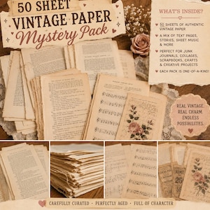Może przedstawiać: Kolekcja 50 arkuszy papieru vintage, zawierająca strony z tekstem, opowiadania i nuty. Zestaw składa się ze starego, kremowego papieru z różnymi czcionkami, zapisami nutowymi oraz ilustracjami kwiatowymi, ułożonymi w stos.