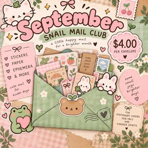 May include: A green chequered envelope filled with stationery items including stickers, paper, and ephemera. The envelope features a bear-shaped seal and is surrounded by decorative elements like a frog, a cat, and text reading September Snail Mail Club.