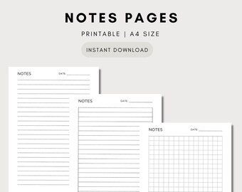 Könnte beinhalten: Drei druckbare Notizseiten im A4-Format. Die erste Seite hat liniertes Papier, die zweite Seite hat liniertes Papier und die dritte Seite hat kariertes Papier. Jede Seite hat oben das Wort "NOTES" und "DATE".