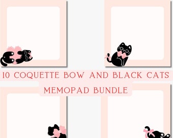 Black Cats with Pink Coquette Bow Memopad Bundle, Printable Cute Black Cats with Pink Coquette Bow Notepad Set of 10, Instant Download