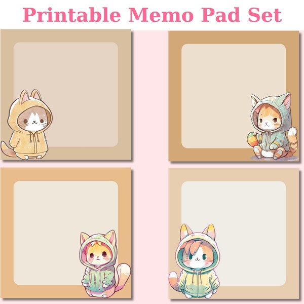Kawaii Cats Memopad Set of 4, Cute Cat Memo pad, Cute Cat Note pad, Cute Memo Pad, Cute Note pad, Cute Stationery, Pastel Tones Memopad