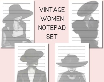 Vintage vrouwen Kladblok set, afdrukbare Vintage vrouw thema Memopad, 10 zwart-wit vintage stijl elegante vrouwen afdrukbare A5 Kladblok set