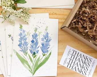 Watercolor bluebonnet notecard set, blank notecards, floral botanical notecards. Notecard set, Texas bluebonnet notecard