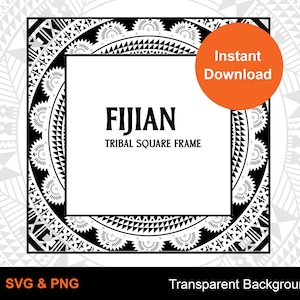 以下が含まれることがあります： 白黒のフィジーの部族の正方形のフレームで、幾何学的なパターンが施されています。フレームは、グレーのパターンが施された白い背景の上にあります。