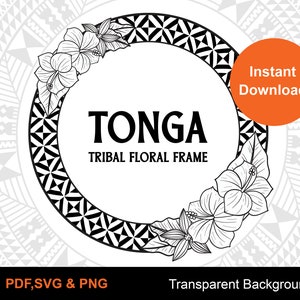 以下が含まれることがあります： 「TONGA TRIBAL FLORAL FRAME」というテキストが入った、黒と白の民族的な花のフレームのイラストです。