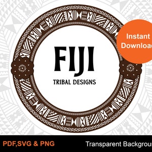 Può includere: Design circolare con la parola "FIJI" in nero, circondata da un motivo tribale marrone. Le parole "TRIBAL DESIGNS" sono sotto. Un cerchio arancione con "Download istantaneo" è a destra.