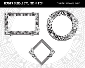 Polynesian Tribal Frame SVG & PNG Bundle | Hibiscus Flower Frames | Instant Download