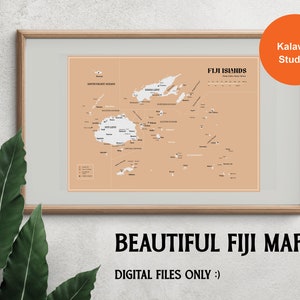 Mapa de paisagem de Fiji / Mapa marrom rotulado / Arte de parede digital ou impressa / Pôster de mapa grande / Ideia para presente / Impressão giclée / Decoração para casa